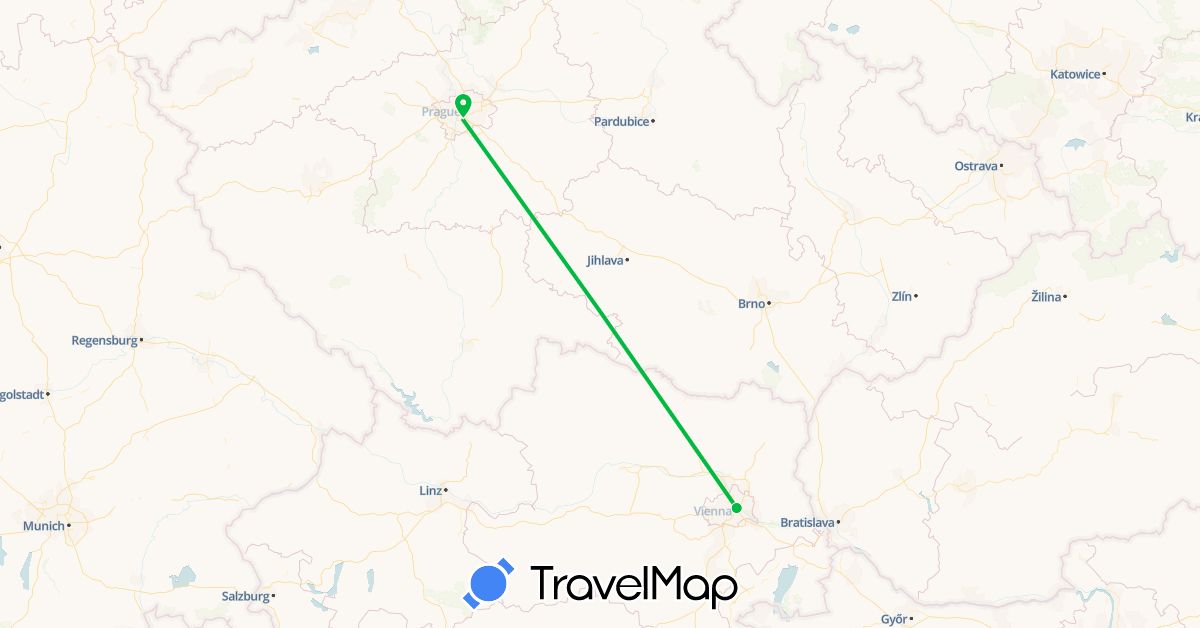 TravelMap itinerary: driving, bus in Austria, Czech Republic (Europe)
